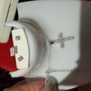 4PC CZ CROSS PENDANT SOLID STERLING SILVER NECKLACE & EARRINGS STUDS 🎁